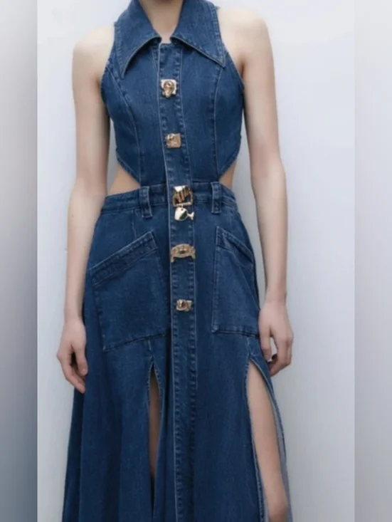 Urban Revivo | Cut-Out Sleeveless Denim Maxi Dress | Deep Blue Wash | Y2K - Picture 4 of 5
